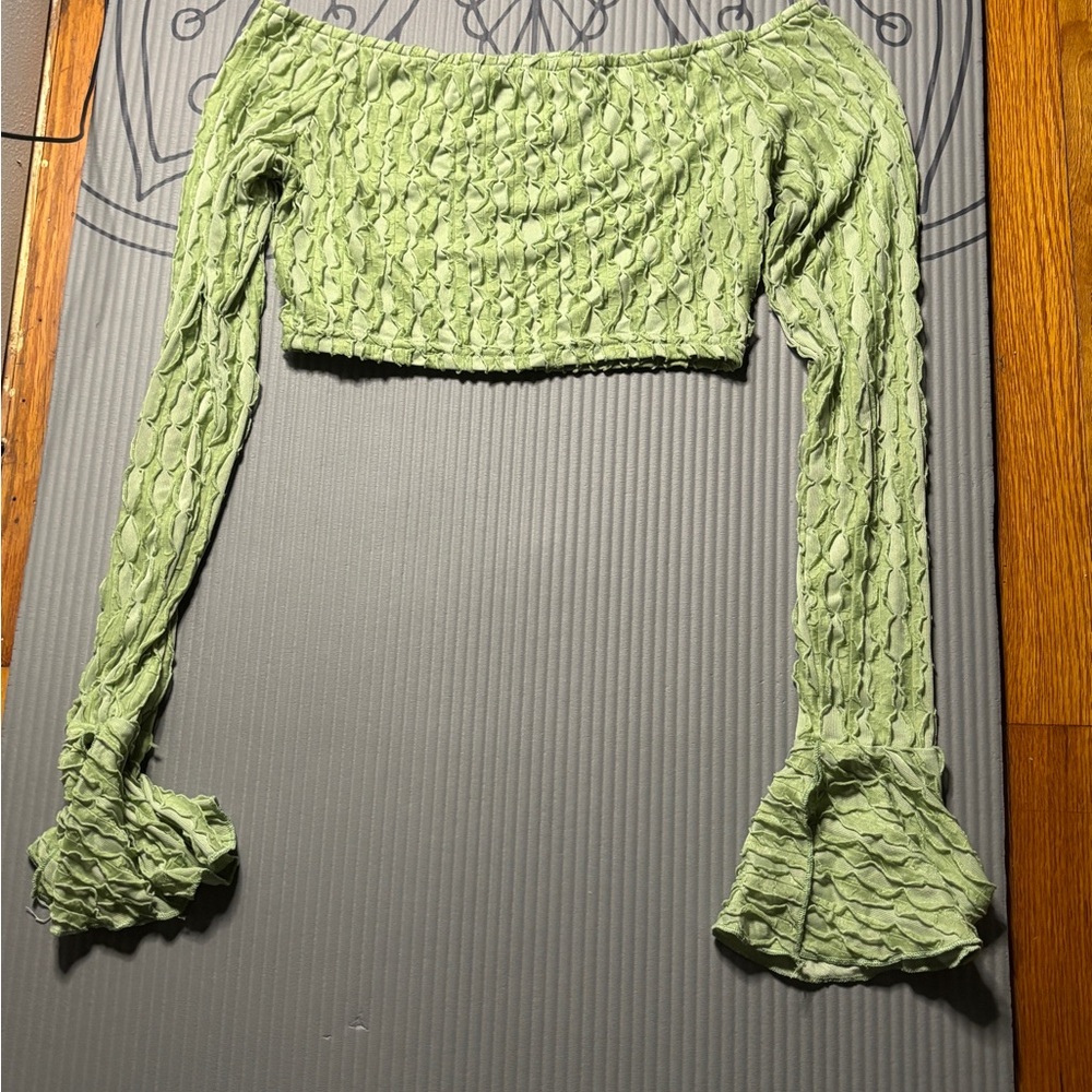 Green Textured Off-Shoulder Top